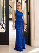 Sequin Evening Dresses with Slit One Shoulder Mermaid Floor Lengh Formal Party Dresses with Pleats/Zipper Back