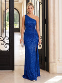 Sequin Evening Dresses with Slit One Shoulder Mermaid Floor Lengh Formal Party Dresses with Pleats/Zipper Back
