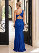 Sequin Evening Dresses with Slit One Shoulder Mermaid Floor Lengh Formal Party Dresses with Pleats/Zipper Back