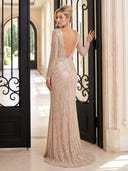 Sequin Evening Dresses with Slit V Neck Long Sleeves Mermaid Floor Lengh Formal Party Dresses with Pleats/Zipper Back