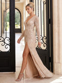 Sequin Evening Dresses with Slit V Neck Long Sleeves Mermaid Floor Lengh Formal Party Dresses with Pleats/Zipper Back