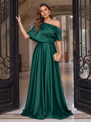 Satin Evening Dresses One Shoulder A Line Floor Lengh Formal Dresses with Pleats/Zipper Back