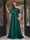 Satin Evening Dresses One Shoulder A Line Floor Lengh Formal Dresses with Pleats/Zipper Back