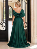 Satin Evening Dresses One Shoulder A Line Floor Lengh Formal Dresses with Pleats/Zipper Back