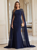 Chiffon Evening Dresses Crew Neck Mermaid Floor Lengh Formal Dresses with Cape/Zipper Back