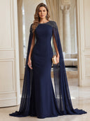 Chiffon Evening Dresses Crew Neck Mermaid Floor Lengh Formal Dresses with Cape/Zipper Back
