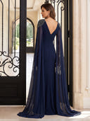Chiffon Evening Dresses Crew Neck Mermaid Floor Lengh Formal Dresses with Cape/Zipper Back