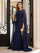 Chiffon Evening Dresses Crew Neck Mermaid Floor Lengh Formal Dresses with Cape/Zipper Back