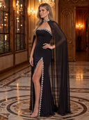 Satin Evening Dresses Strapless Mermaid Floor Lengh Formal Dresses with Cape/Zipper Back