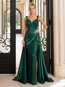 Sequin Evening Dresses with Slit Mermaid Satin Floor Lengh Formal Dresses with Pleats/Zipper Back