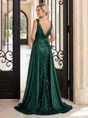 Sequin Evening Dresses with Slit Mermaid Satin Floor Lengh Formal Dresses with Pleats/Zipper Back