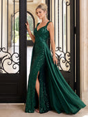 Sequin Evening Dresses with Slit Mermaid Satin Floor Lengh Formal Dresses with Pleats/Zipper Back