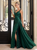 Sequin Evening Dresses with Slit Mermaid Satin Floor Lengh Formal Dresses with Pleats/Zipper Back