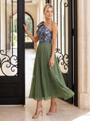 Chiffon Evening Dresses One Shoulder A Line Floor Lengh Formal Dresses with Flower/Bow/Zipper Back