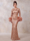 Sequin Evening Dresses Mermaid Feather Embellished Top And Skirt Set Floor Lengh Dresses