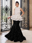 Sequin Evening Dresses Mermaid High Neck Floor Lengh Dresses with 3D Flower/Zipper Back