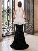 Sequin Evening Dresses Mermaid High Neck Floor Lengh Dresses with 3D Flower/Zipper Back