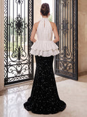 Sequin Evening Dresses Mermaid High Neck Floor Lengh Dresses with 3D Flower/Zipper Back