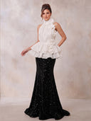 Sequin Evening Dresses Mermaid High Neck Floor Lengh Dresses with 3D Flower/Zipper Back
