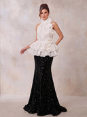 Sequin Evening Dresses Mermaid High Neck Floor Lengh Dresses with 3D Flower/Zipper Back