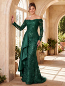 Sequin Lace Evening Dresses Mermaid Long Sleeves Off Shoulder Floor Lengh Dresses with 3D Flower/Zipper Back