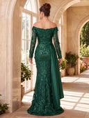 Sequin Lace Evening Dresses Mermaid Long Sleeves Off Shoulder Floor Lengh Dresses with 3D Flower/Zipper Back