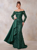 Sequin Lace Evening Dresses Mermaid Long Sleeves Off Shoulder Floor Lengh Dresses with 3D Flower/Zipper Back