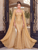 Sequin Evening Dresses Mermaid with Slit Strapless Floor Lengh Formal Dresses with Cape/Zipper Back