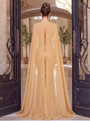 Sequin Evening Dresses Mermaid with Slit Strapless Floor Lengh Formal Dresses with Cape/Zipper Back