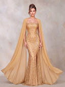 Sequin Evening Dresses Mermaid with Slit Strapless Floor Lengh Formal Dresses with Cape/Zipper Back