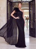 Sequin Evening Dresses Mermaid One Shoulder Floor Lengh Formal Dresses with Feather/Zipper Back