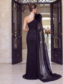 Sequin Evening Dresses Mermaid One Shoulder Floor Lengh Formal Dresses with Feather/Zipper Back