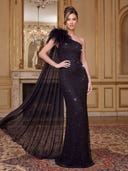Sequin Evening Dresses Mermaid One Shoulder Floor Lengh Formal Dresses with Feather/Zipper Back
