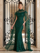 Sequin Tulle Evening Dresses Mermaid High Neck Floor Lengh Formal Dresses with Cape/Zipper Back