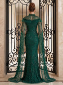 Sequin Tulle Evening Dresses Mermaid High Neck Floor Lengh Formal Dresses with Cape/Zipper Back