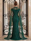 Sequin Tulle Evening Dresses Mermaid High Neck Floor Lengh Formal Dresses with Cape/Zipper Back