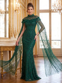 Sequin Tulle Evening Dresses Mermaid High Neck Floor Lengh Formal Dresses with Cape/Zipper Back