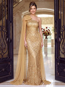 Sequin Evening Dresses Mermaid One Shoulder Floor Lengh Formal Dresses with Chiffon Cape/Bow/Zipper Back