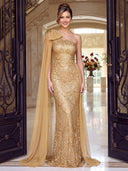 Sequin Evening Dresses Mermaid One Shoulder Floor Lengh Formal Dresses with Chiffon Cape/Bow/Zipper Back