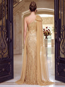 Sequin Evening Dresses Mermaid One Shoulder Floor Lengh Formal Dresses with Chiffon Cape/Bow/Zipper Back