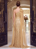 Sequin Evening Dresses Mermaid One Shoulder Floor Lengh Formal Dresses with Chiffon Cape/Bow/Zipper Back
