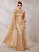 Sequin Evening Dresses Mermaid One Shoulder Floor Lengh Formal Dresses with Chiffon Cape/Bow/Zipper Back