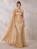 Sequin Evening Dresses Mermaid One Shoulder Floor Lengh Formal Dresses with Chiffon Cape/Bow/Zipper Back
