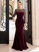 Velvet Evening Dresses Mermaid Lace Crew Neck Floor Lengh Formal Dresses with Long Sleeves/Zipper Back