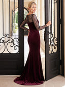 Velvet Evening Dresses Mermaid Lace Crew Neck Floor Lengh Formal Dresses with Long Sleeves/Zipper Back