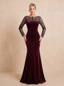 Velvet Evening Dresses Mermaid Lace Crew Neck Floor Lengh Formal Dresses with Long Sleeves/Zipper Back
