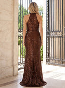 Sequin Evening Dresses with Slit Mermaid Halter Floor Lengh Formal Dresses with Feather/Zipper Back
