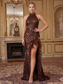 Sequin Evening Dresses with Slit Mermaid Halter Floor Lengh Formal Dresses with Feather/Zipper Back