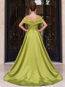 Satin Evening Dresses Mermaid Off Shoulder Floor Lengh Formal Dresses with Jacquard/Zipper Back