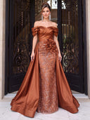 Satin Evening Dresses Lace Mermaid Off Shoulder Floor Lengh Formal Dresses with 3D Flower/Zipper Back